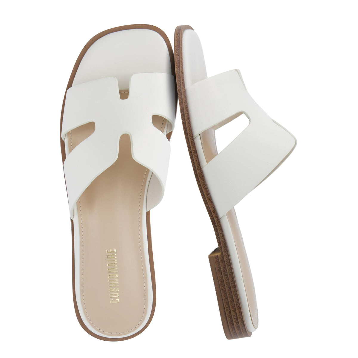 CUSHIONAIRE Voyage Cutout Strap Slides for Women, Slip On Summer Flats, Trendy Footwear, Memory Foam Vegan Leather Comfortable Vacation Style Sandals