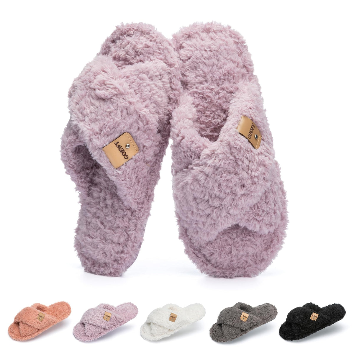 GOEWY Fuzzy Open Toe Slippers for Women Cozy Memory Foam House Shoes Indoor