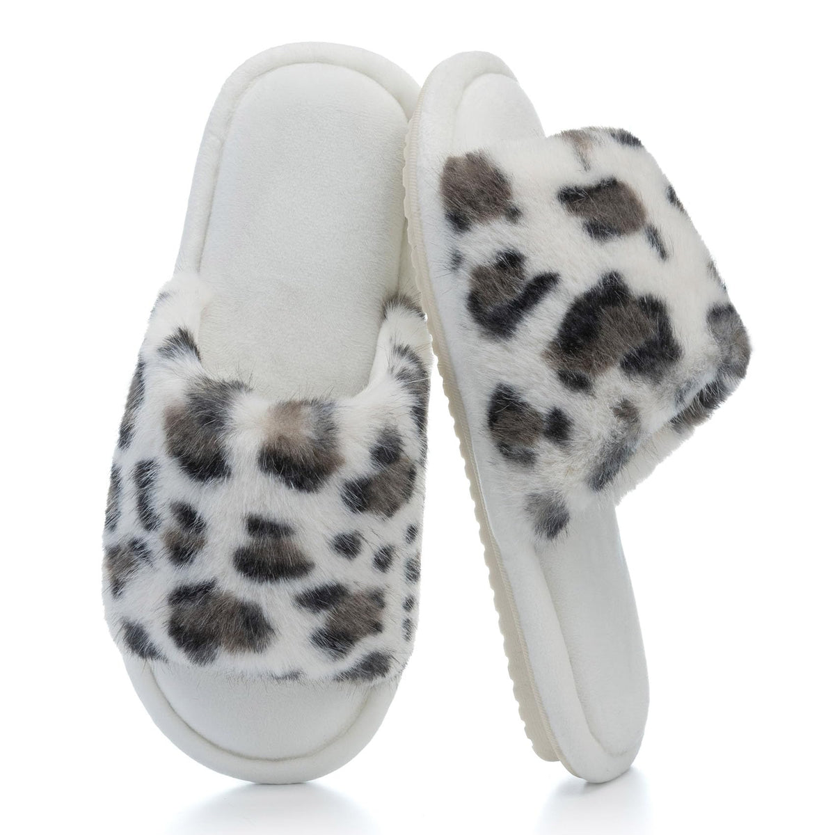 GOEWY Women's Fuzzy Open-Toe House Slippers with Memory Foam -Leopard Print