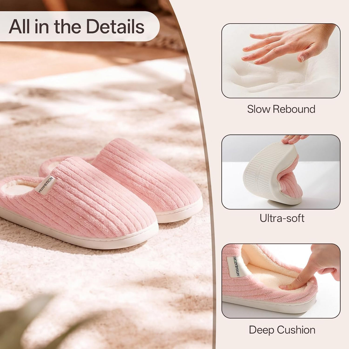 HUXMEYSON Slippers for Women, Warm Memory Foam Comfy House Slippers with Anti-Skid Rubber Sole for Indoor and Outdoor