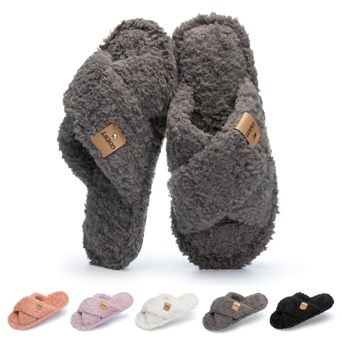 GOEWY Fuzzy Open Toe Slippers for Women Cozy Memory Foam House Shoes Indoor