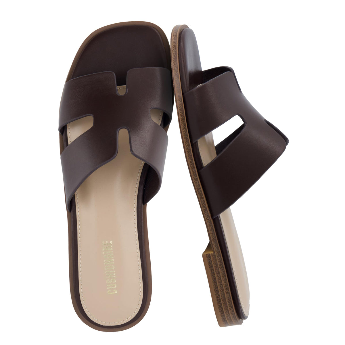 CUSHIONAIRE Voyage Cutout Strap Slides for Women, Slip On Summer Flats, Trendy Footwear, Memory Foam Vegan Leather Comfortable Vacation Style Sandals