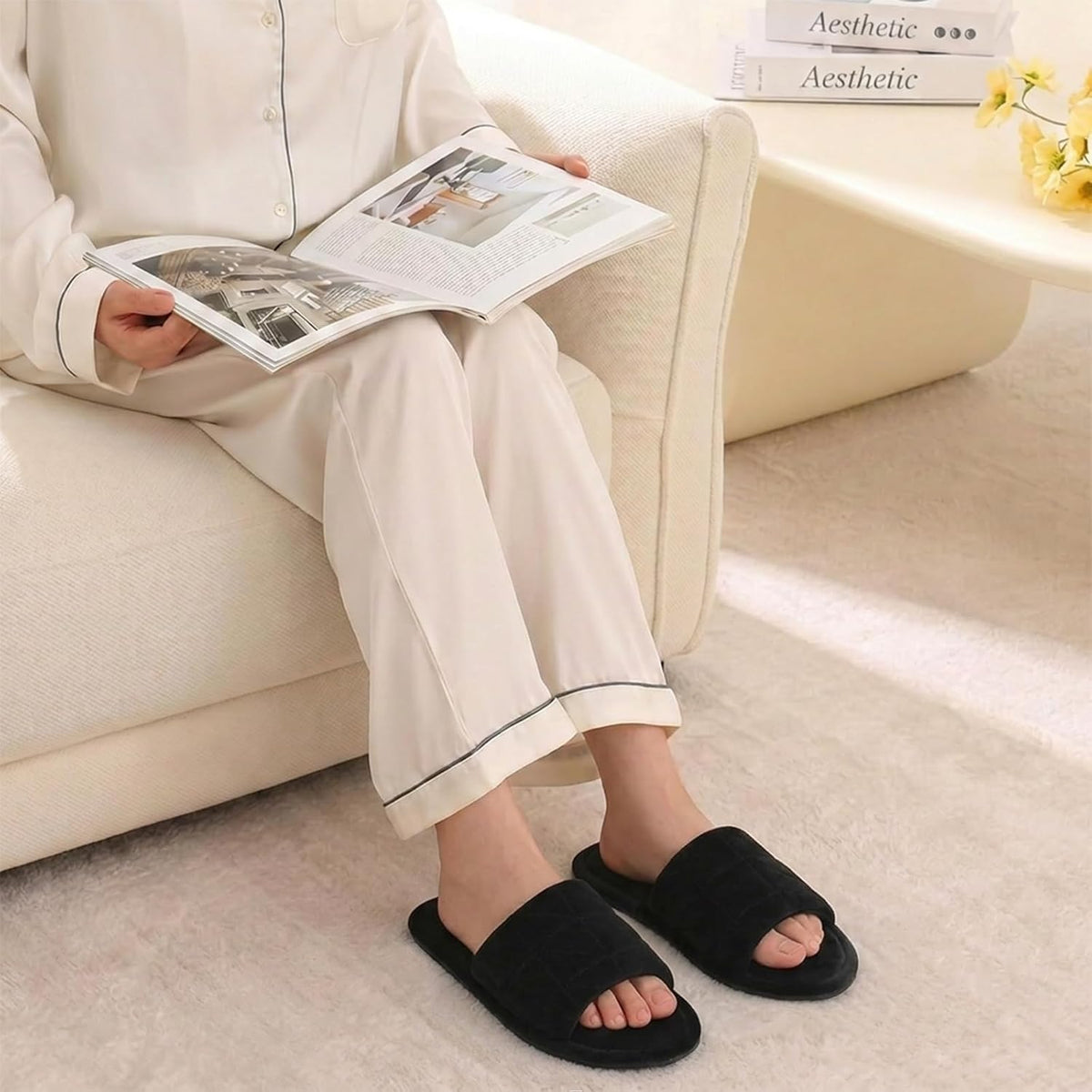 Women's Open Toe House Slippers Soft Velvet Portable Memory Foam GRS