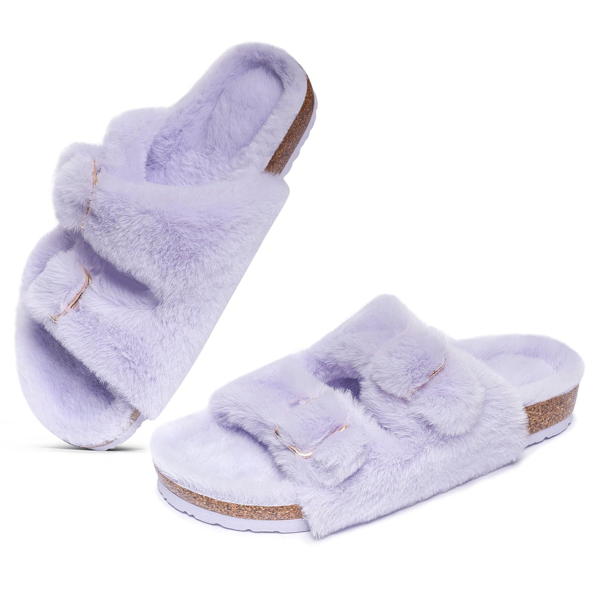FITORY Womens Open Toe Slippers,Faux Rabbit Fur Cork Slides Sandals