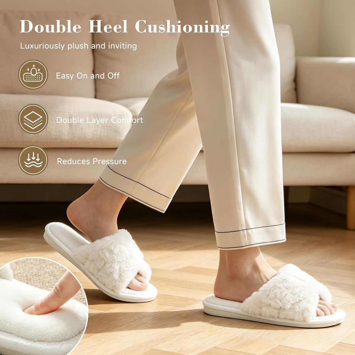 HUXMEYSON Slippers for Women, Open Toe Memory Foam House Shoes with Adjustable Strap, Cozy Faux Fur & Anti-Slip Indoor Outdoor TPR Soles