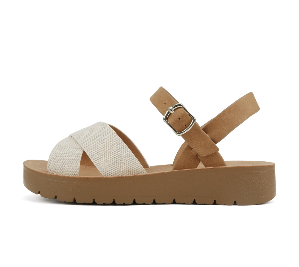 Soda CHESTER ~ Women Flat Sandals Flatform Ankle Buckle Criss Cross Band Straps Sandals Shoes (Gold Raffia, 5.5)