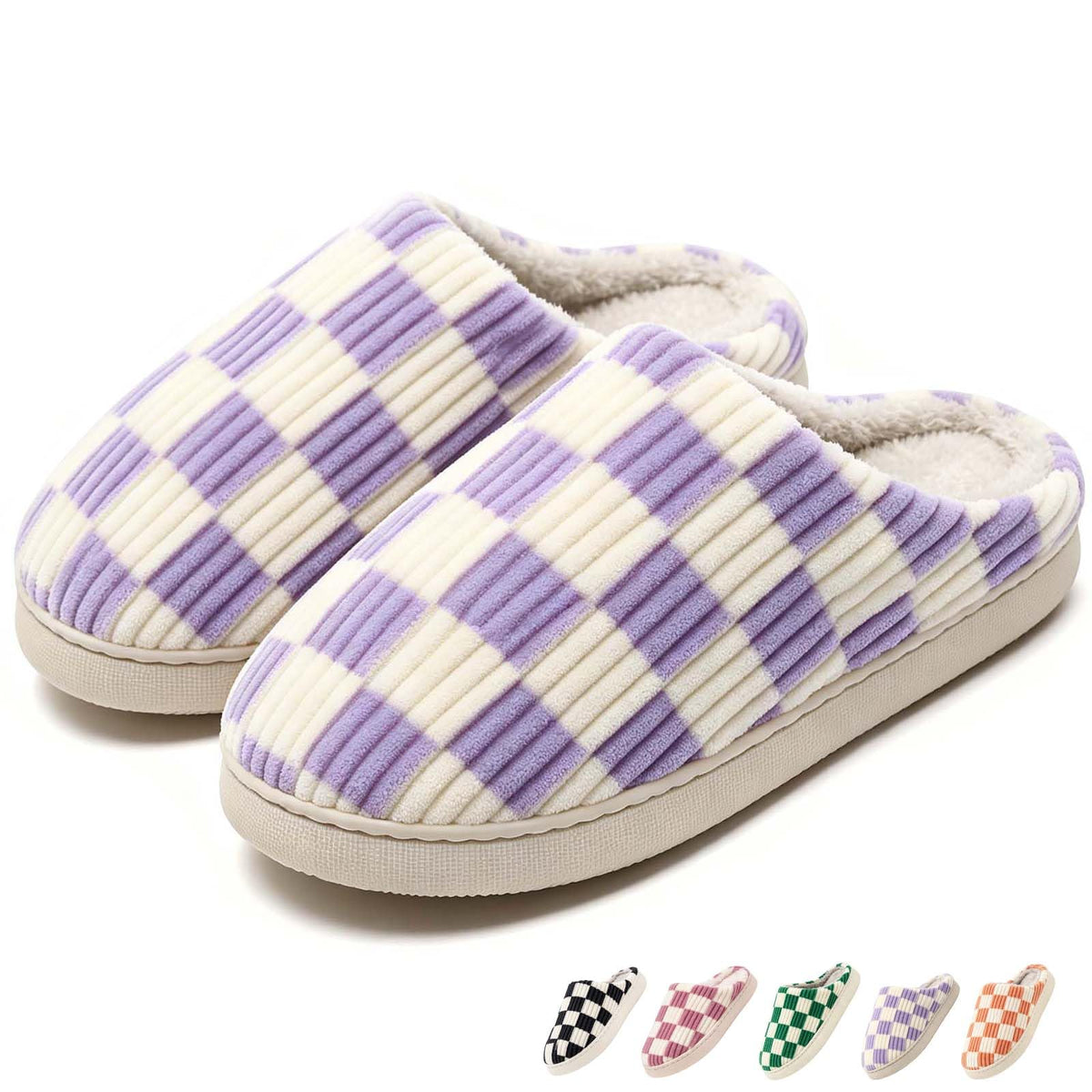 Checkered Slippers for Women and Men - Fuzzy House Slippers with Memory Foam, Comfy Plush Fluffy Indoor House Shoes, Cozy Warm Slip on Bedroom Slippers with Non-Slip Sole