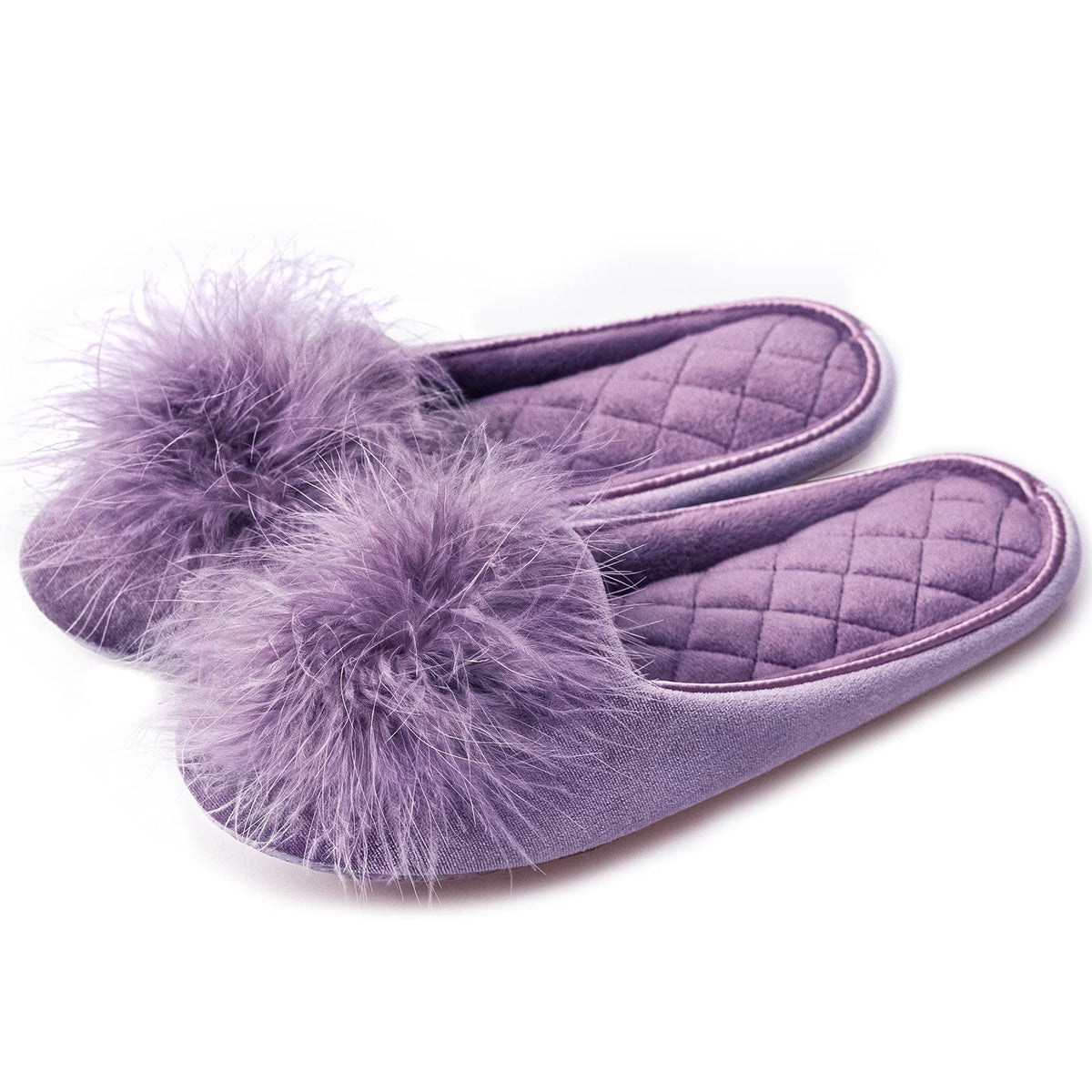 GRITHEIM Women's Fuzzy Pom Pom Velvet Memory Foam House Slippers Ladies Cozy Chenille Knit Bedroom Slippers Non-slip Sole Indoor Outdoor