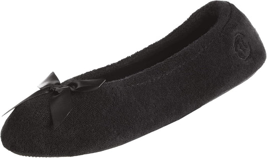 Isotoner Women’s Classic Terry Ballerina Slipper: Soft, Breathable, Terry Lined, Satin Bow, Secure Fit