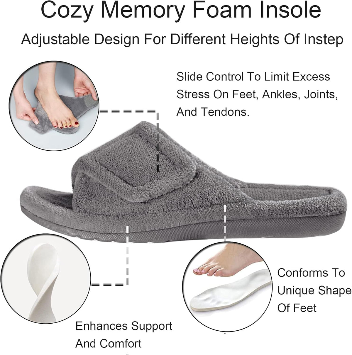 GRITHEIM Women's Orthotic Arch Support Slippers Fuzzy Adjustable Orthopedic Slippers for Plantar Fasciitis Furry Slide for Ladies