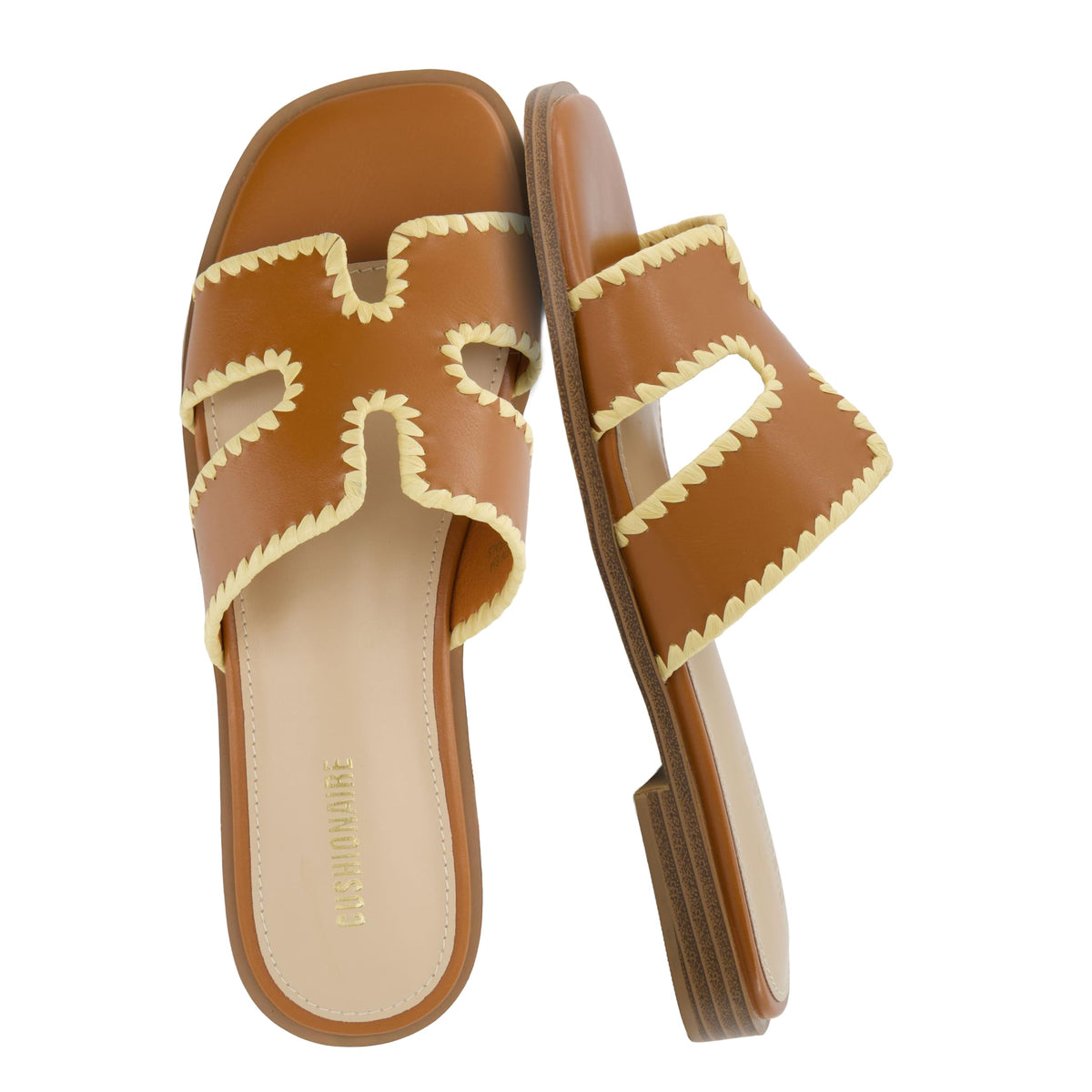 CUSHIONAIRE Voyage Cutout Strap Slides for Women, Slip On Summer Flats, Trendy Footwear, Memory Foam Vegan Leather Comfortable Vacation Style Sandals