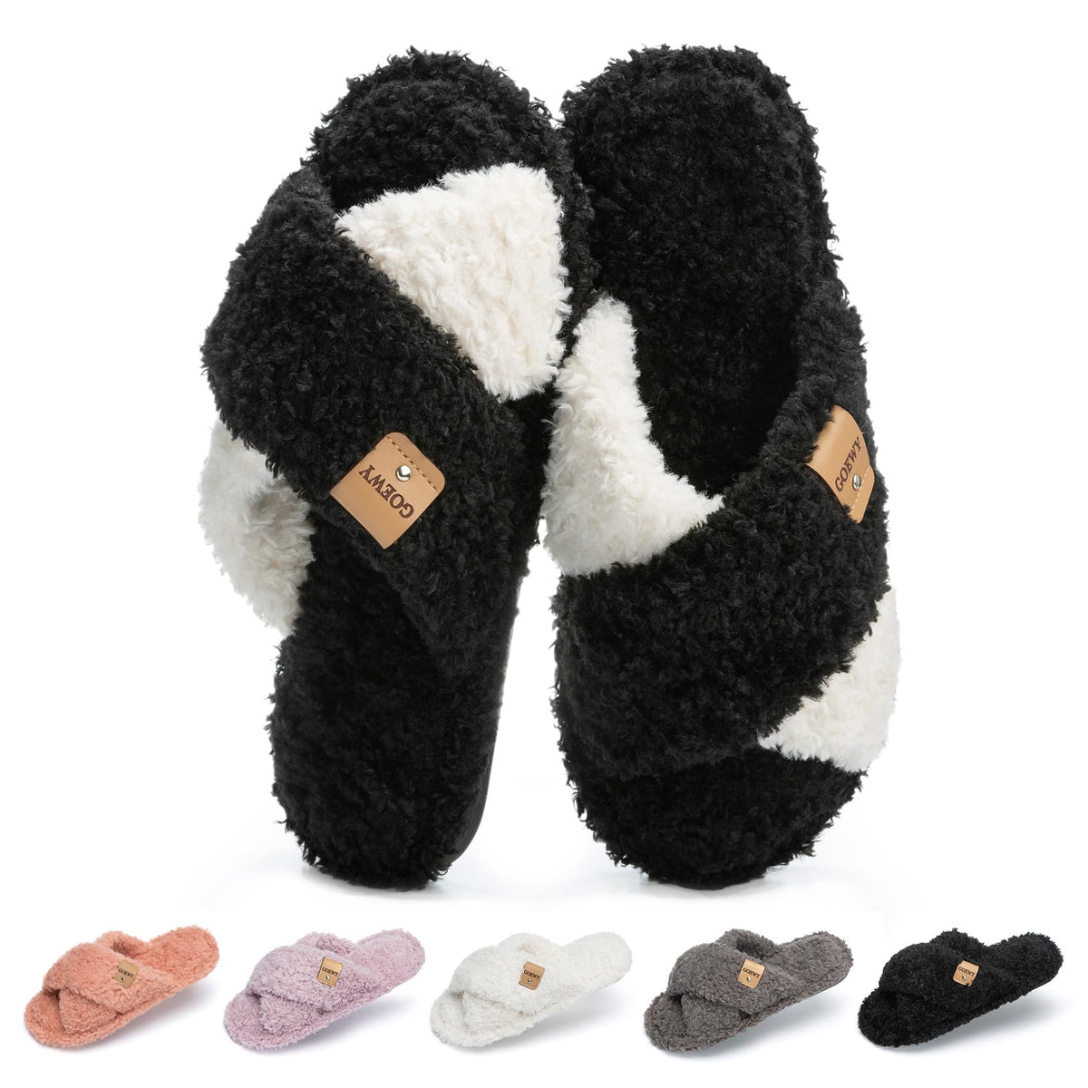 GOEWY Fuzzy Open Toe Slippers for Women Cozy Memory Foam House Shoes Indoor