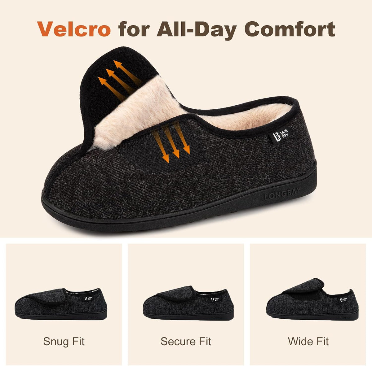 LongBay Womens Adjustable Slippers Memory Foam Cozy Wide Diabetic House Shoes Edema Orthopedic Neuropathy Indoor Outdoor