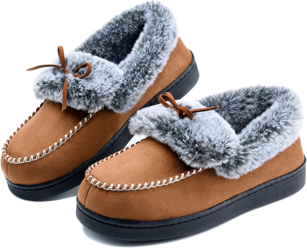 DL Womens Fuzzy Warm Moccasin Slippers Memory Foam, Soft Fluffy Women's Winter House Slipper Closed Back Fur Lined, Cozy Ladies Suede Indoor Bedroom Houseshoes Non-Slip