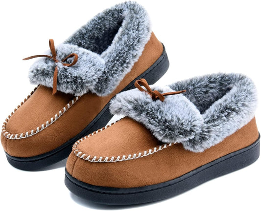 DL Womens Fuzzy Warm Moccasin Slippers Memory Foam, Soft Fluffy Women's Winter House Slipper Closed Back Fur Lined, Cozy Ladies Suede Indoor Bedroom Houseshoes Non-Slip