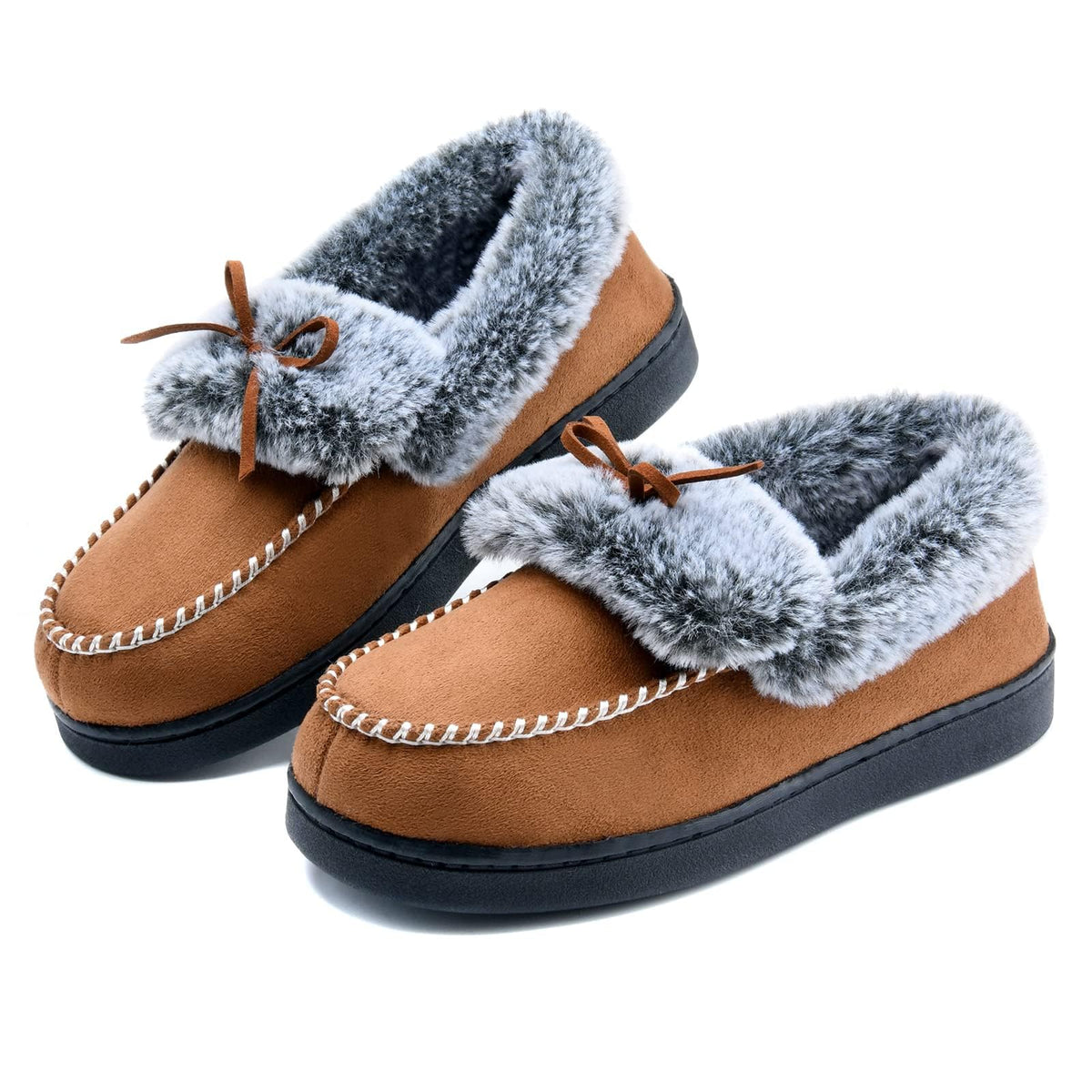 DL Womens Fuzzy Warm Moccasin Slippers Memory Foam, Soft Fluffy Women's Winter House Slipper Closed Back Fur Lined, Cozy Ladies Suede Indoor Bedroom Houseshoes Non-Slip
