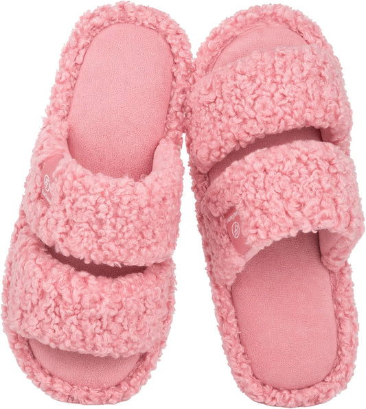 EverFoams Women's Fuzzy Open Toe Slippers Memory Foam Indoor House Shoes