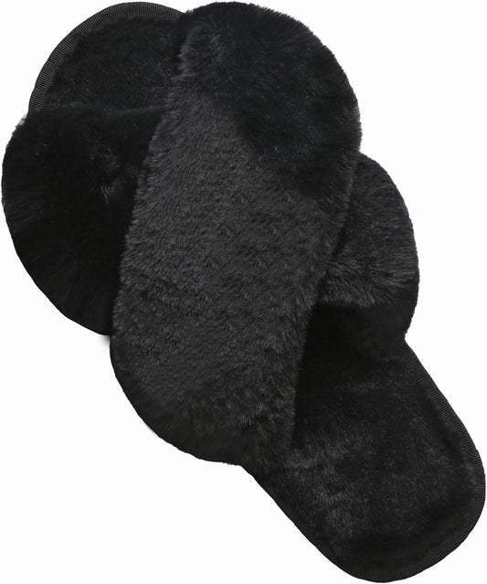 LZLER Women’s Cross Band Slippers, Soft Plush Fleece Lightweight Non Slip Open Toe Flip Flop Shoes House Indoor Outdoor Fur Fuzzy Slippers