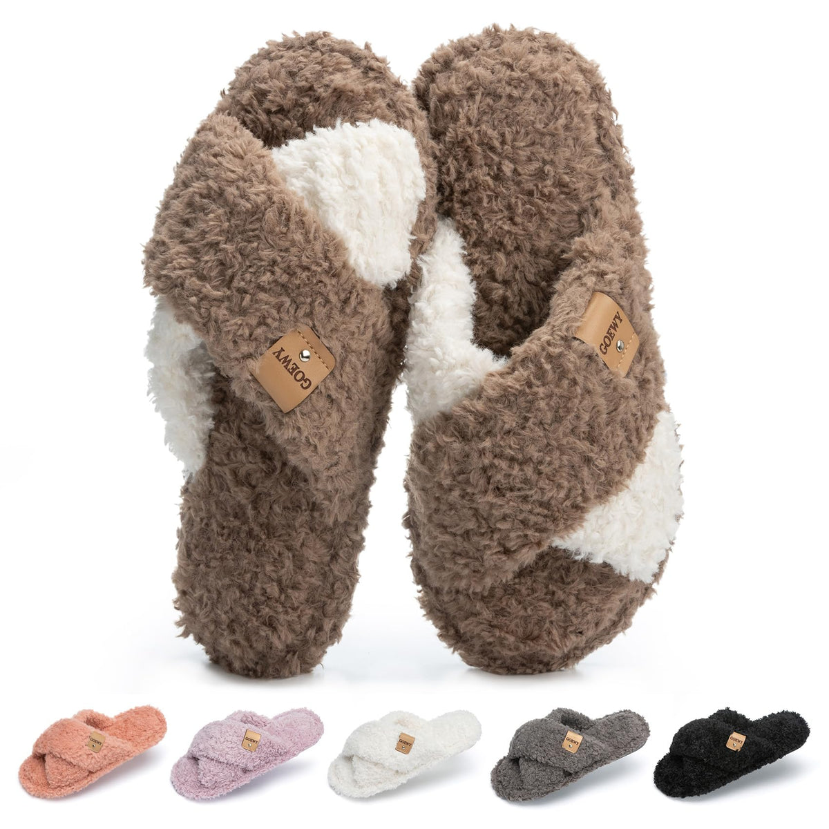 GOEWY Fuzzy Open Toe Slippers for Women Cozy Memory Foam House Shoes Indoor