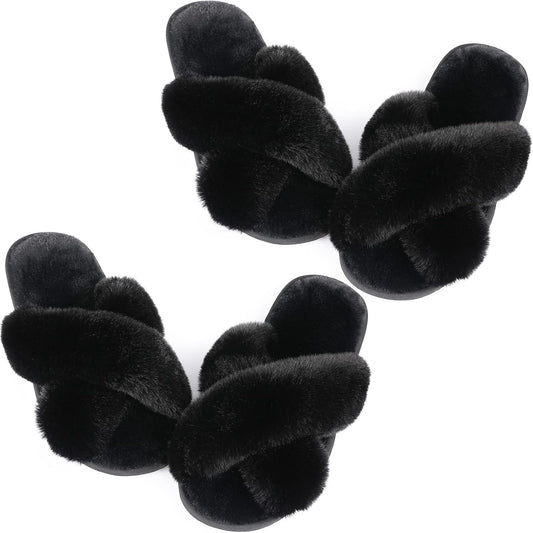 Ankis Womens Fuzzy Cozy Comfy Soft Slippers - 2Pair Fluffy Furry House Slippers Plush Home Ladies Gifts Memory Foam, Cross Band, Open Toe，Indoor/Door Bride Slipper Slides Wedding Ladies Shoes