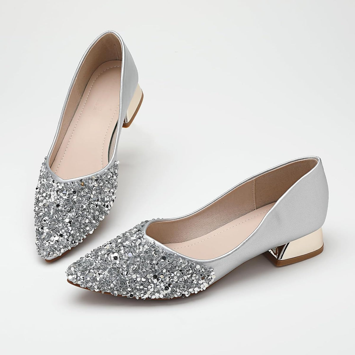 Women's Pumps, Closed Toe Chunky Heels for Women, Comfortable Work Pumps Shoes, Pointed Toe Rhinestones Dress Wedding Pumps for Women