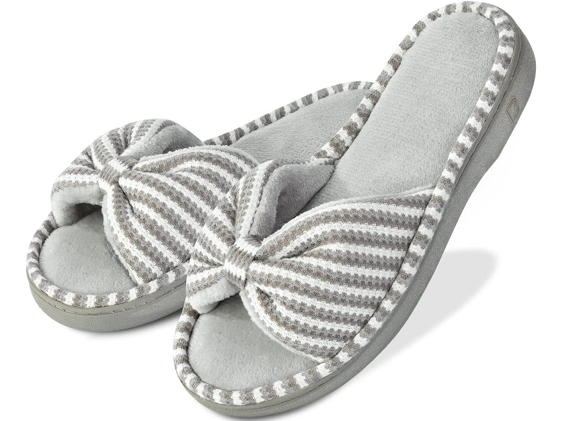 DL Women's Memory Foam Open Toe Slide Slippers with Cute Bow and Cozy Terry Lining, Slip-on House Shoes Spa Mules Sandals with Indoor Outdoor Rubber Sole