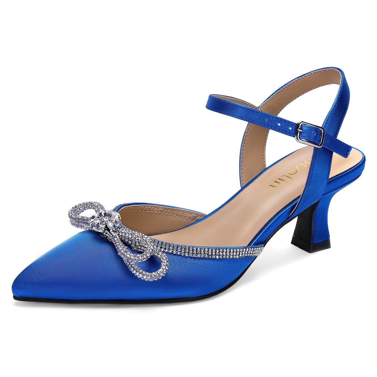 DOBOLIN Wide Width Kitten Heels for Women Rhinestone Bow Pointed Toe Pumps