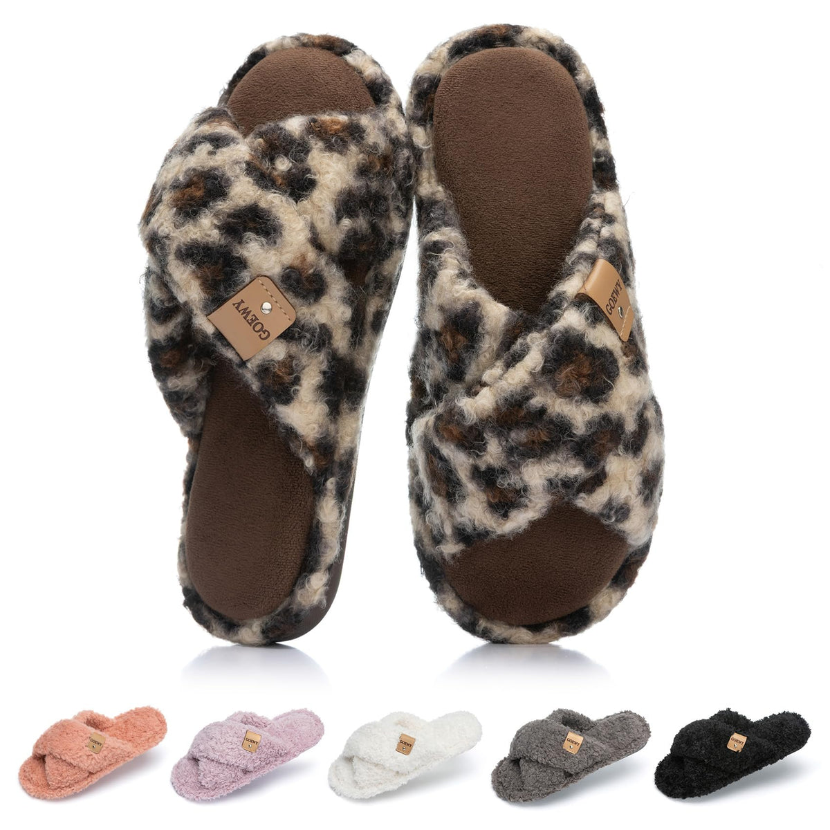 GOEWY Fuzzy Open Toe Slippers for Women Cozy Memory Foam House Shoes Indoor
