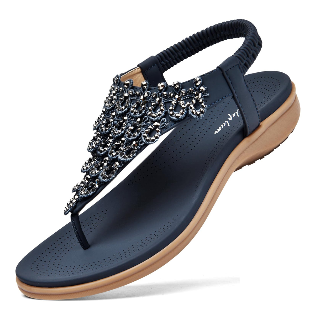 Littleplum Womens Sandals Arch Support Slingback Rhinestone Dressy Sandals Comfort Summer Shoes Ankle Strap Elastic Flats for Beach Walking