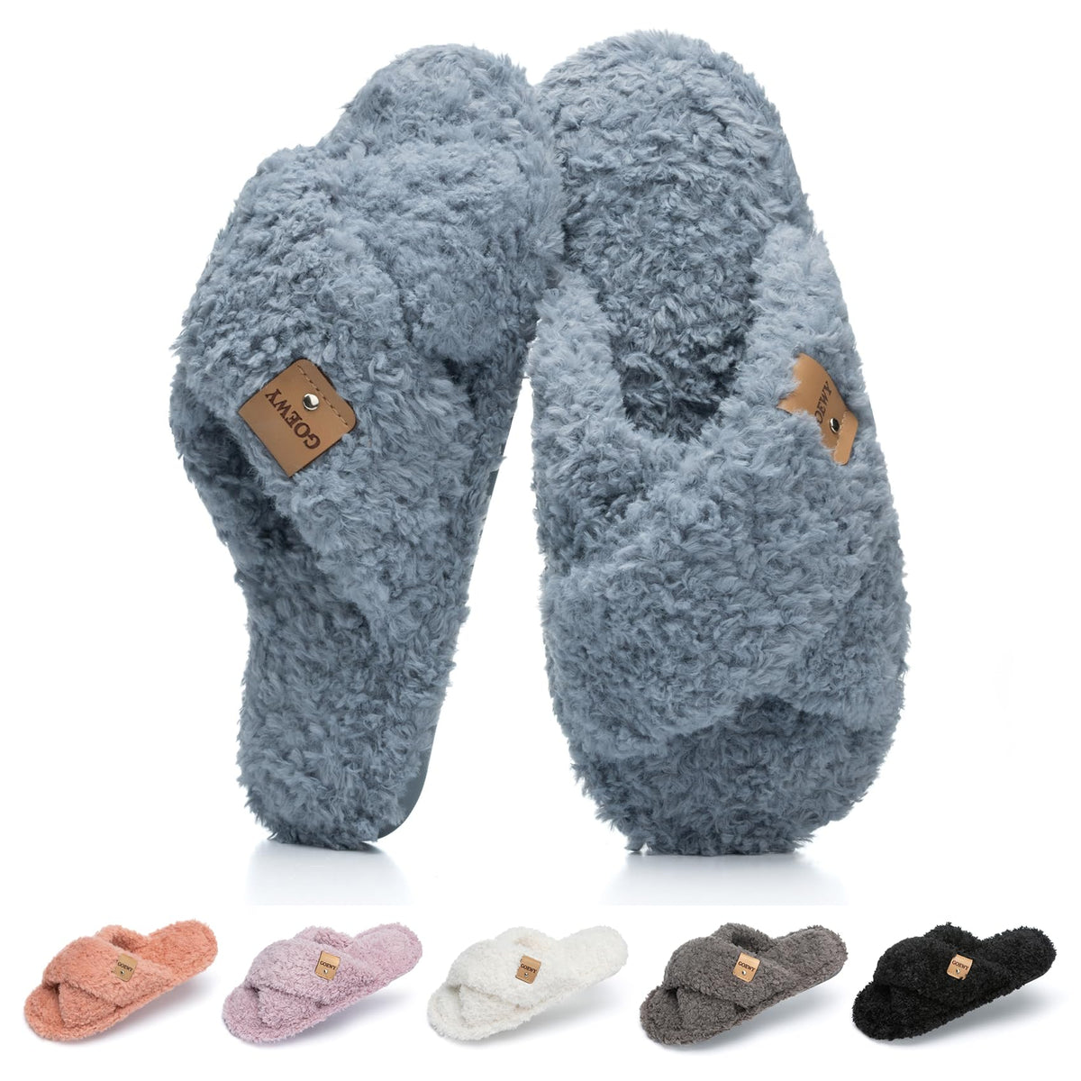 GOEWY Fuzzy Open Toe Slippers for Women Cozy Memory Foam House Shoes Indoor