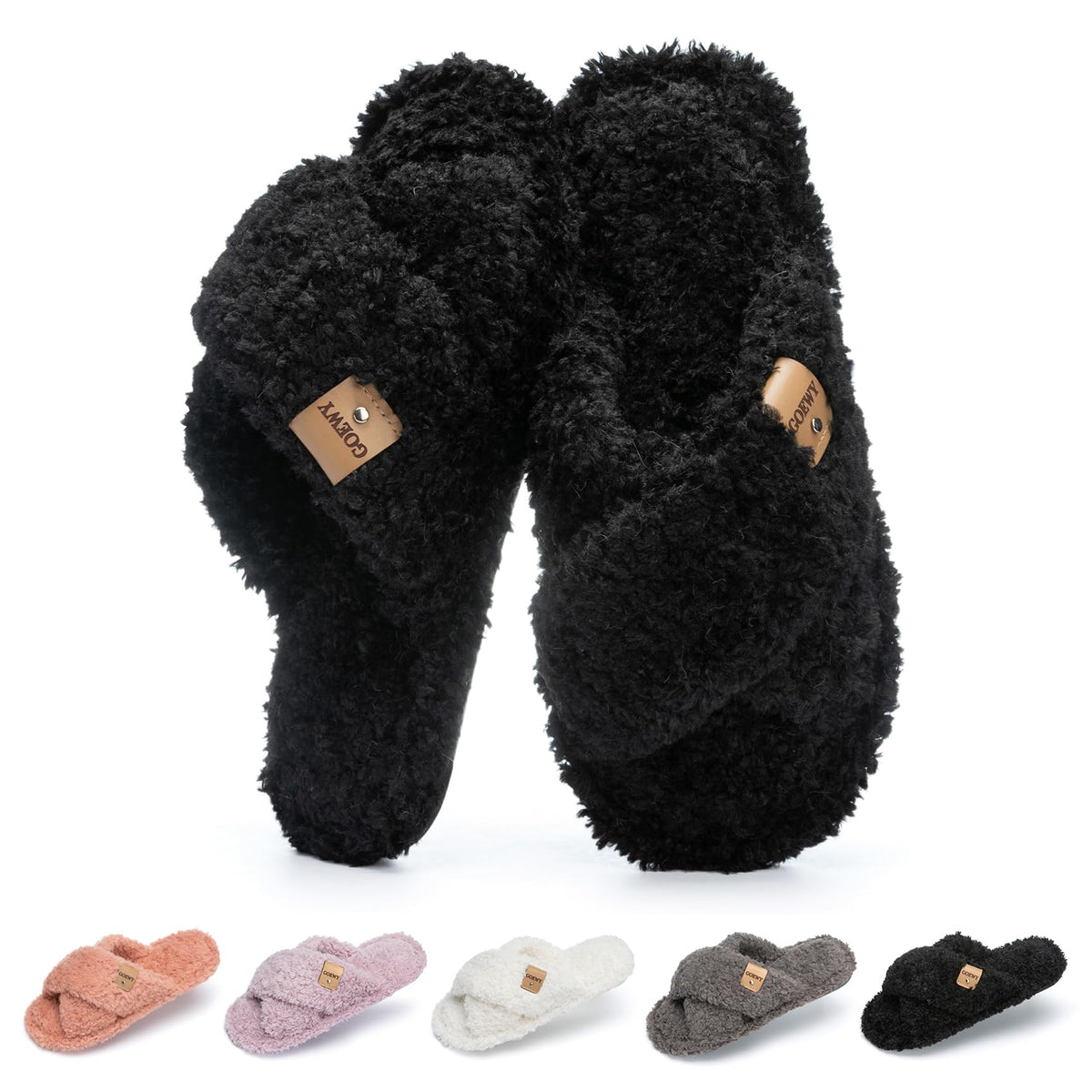 GOEWY Fuzzy Open Toe Slippers for Women Cozy Memory Foam House Shoes Indoor
