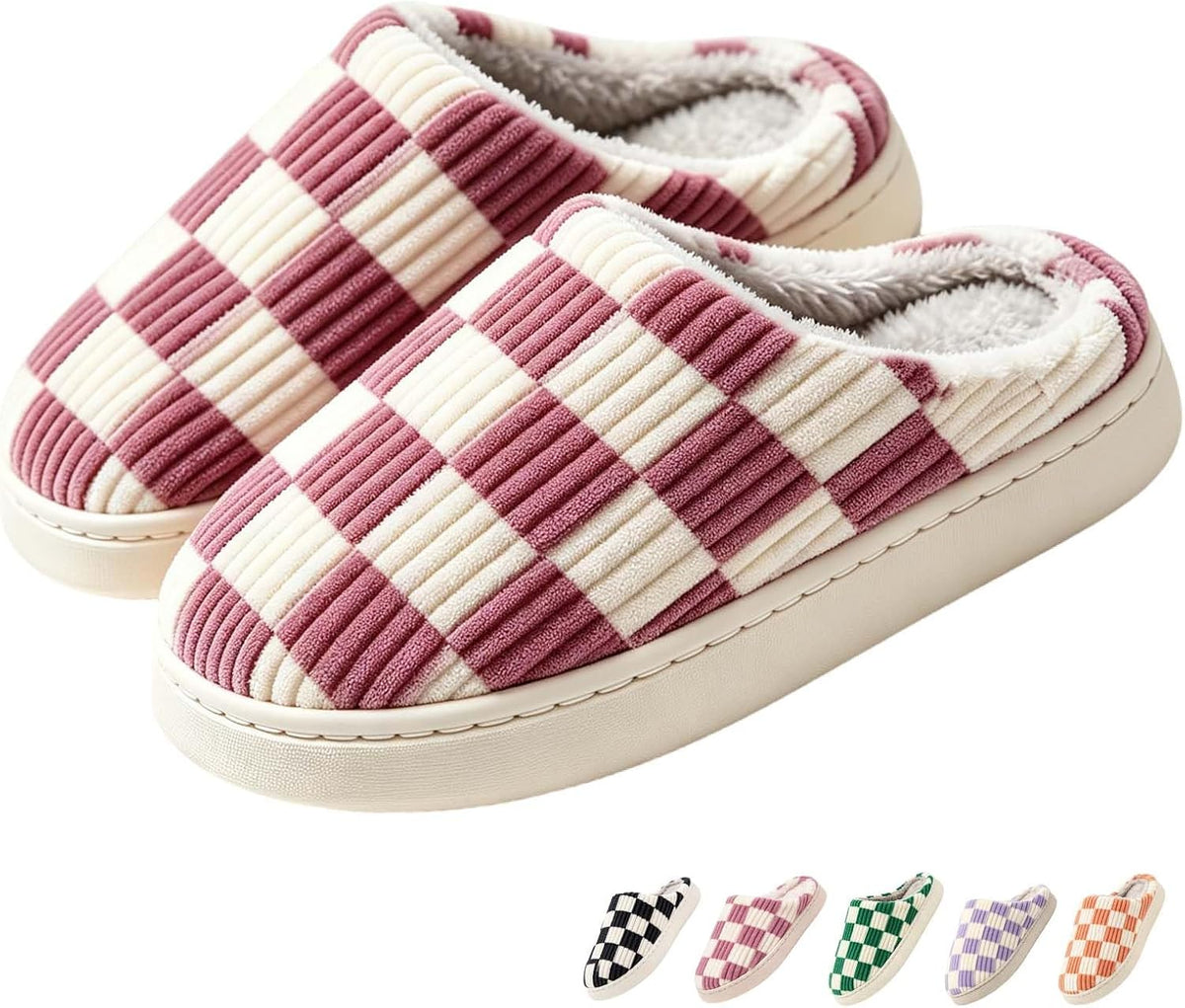 Checkered Slippers for Women and Men - Fuzzy House Slippers with Memory Foam, Comfy Plush Fluffy Indoor House Shoes, Cozy Warm Slip on Bedroom Slippers with Non-Slip Sole