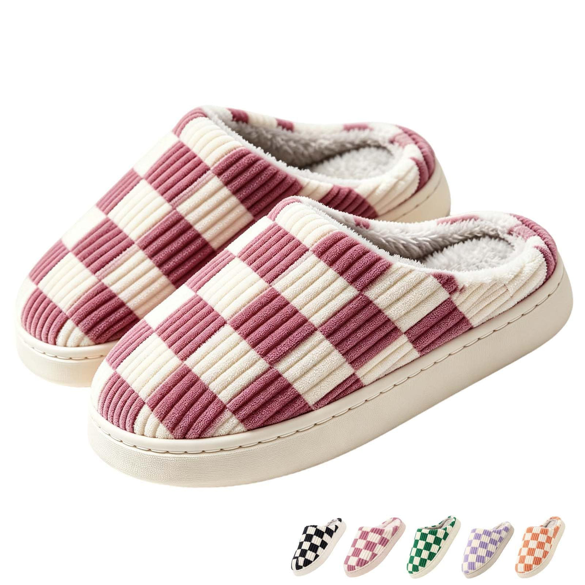 Checkered Slippers for Women and Men - Fuzzy House Slippers with Memory Foam, Comfy Plush Fluffy Indoor House Shoes, Cozy Warm Slip on Bedroom Slippers with Non-Slip Sole