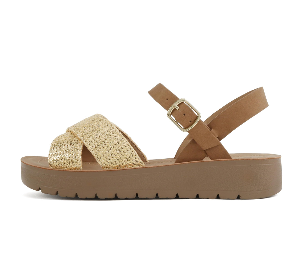Soda CHESTER ~ Women Flat Sandals Flatform Ankle Buckle Criss Cross Band Straps Sandals Shoes (Gold Raffia, 5.5)