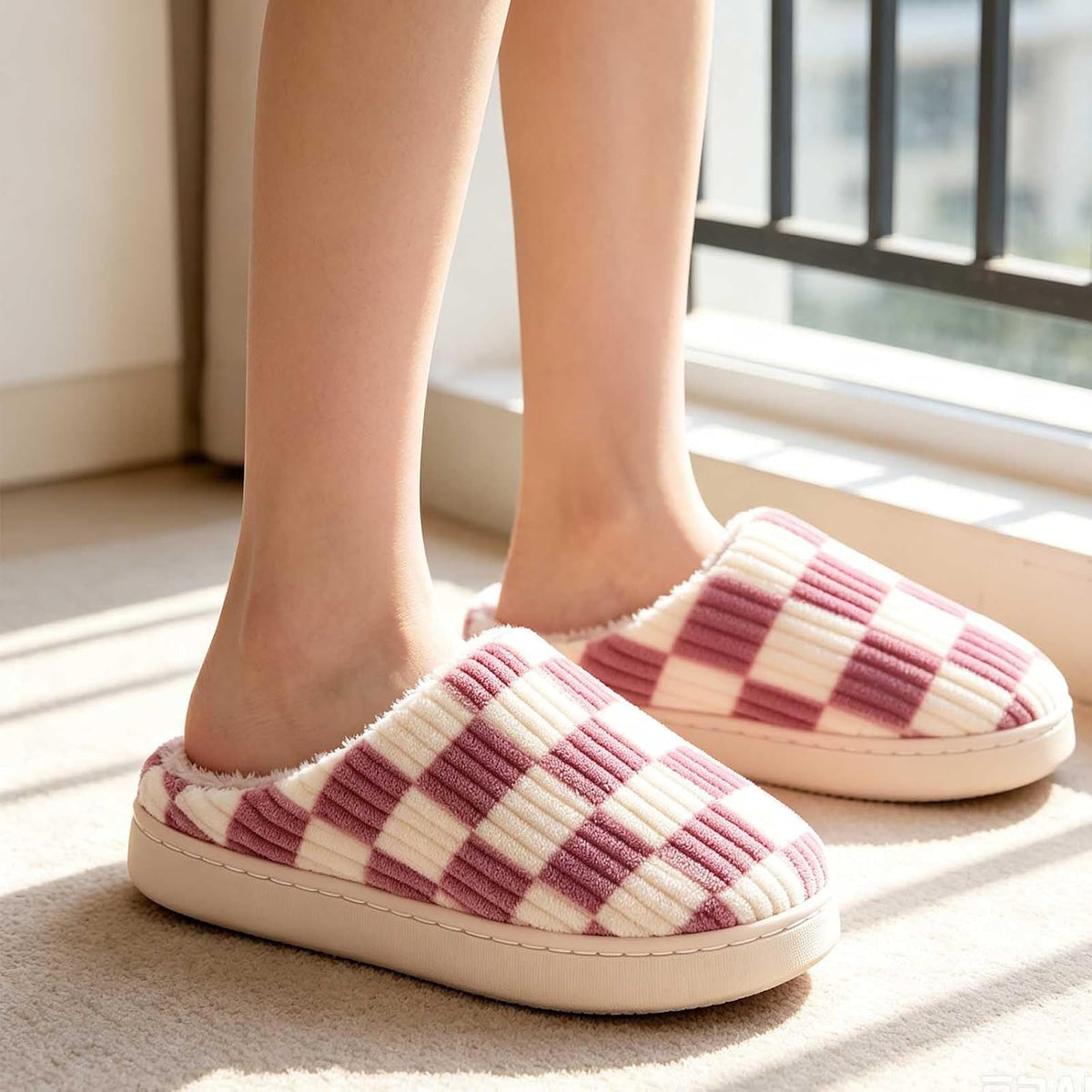 Checkered Slippers for Women and Men - Fuzzy House Slippers with Memory Foam, Comfy Plush Fluffy Indoor House Shoes, Cozy Warm Slip on Bedroom Slippers with Non-Slip Sole
