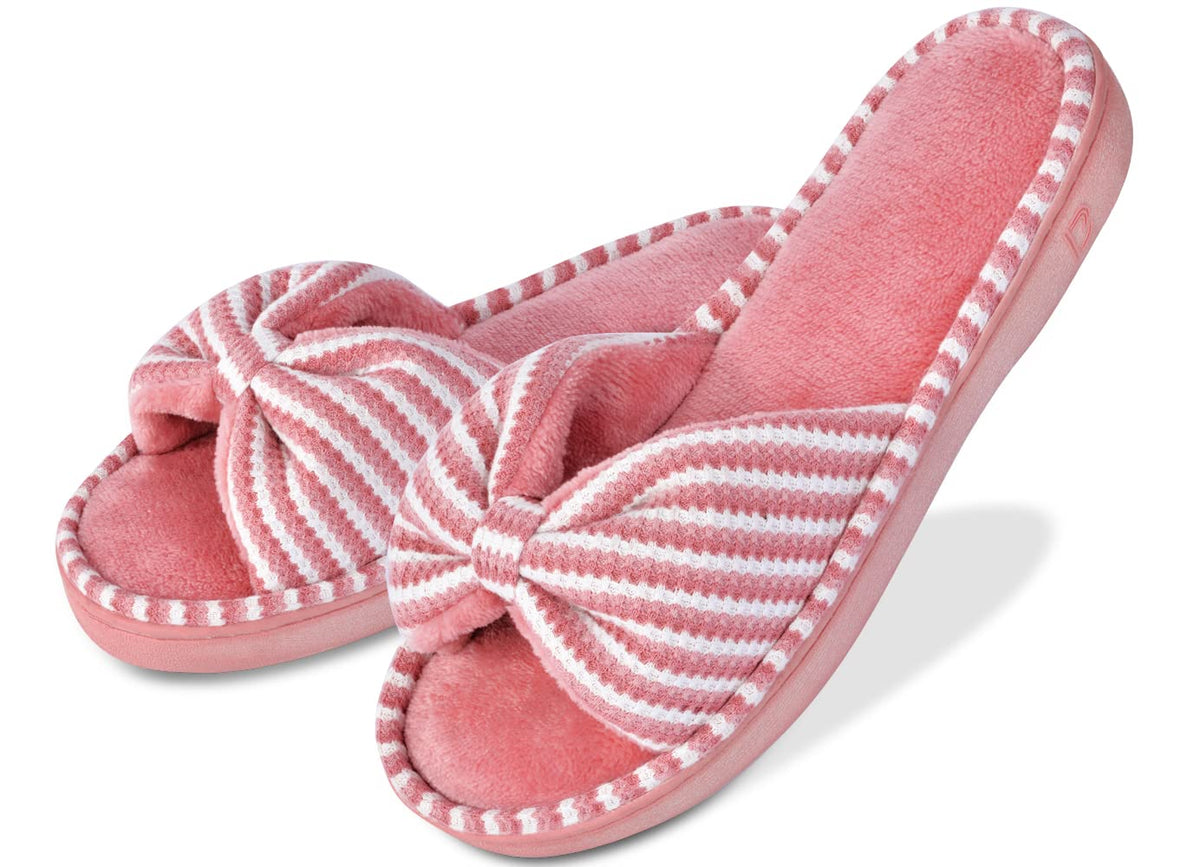 DL Women's Memory Foam Open Toe Slide Slippers with Cute Bow and Cozy Terry Lining, Slip-on House Shoes Spa Mules Sandals with Indoor Outdoor Rubber Sole