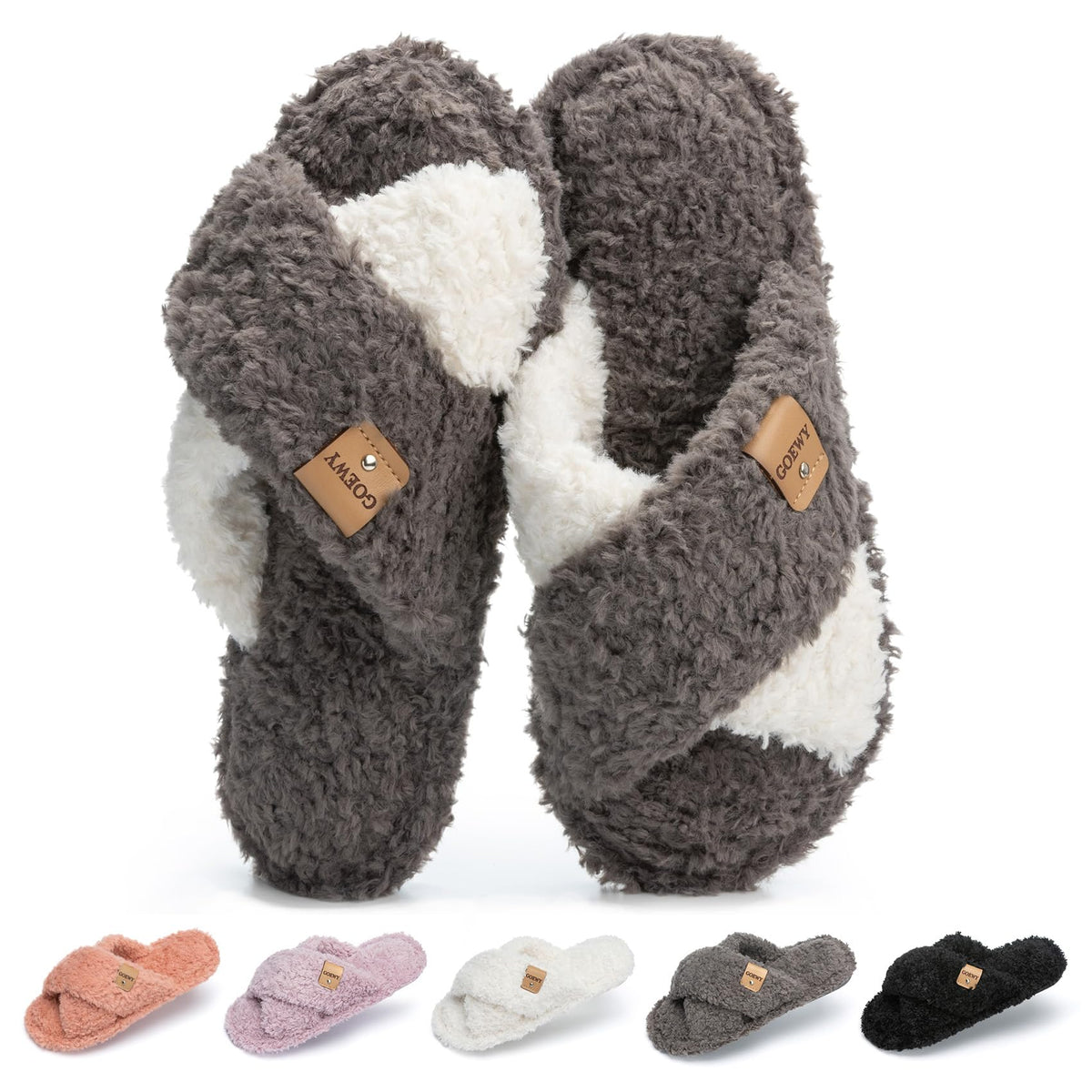 GOEWY Fuzzy Open Toe Slippers for Women Cozy Memory Foam House Shoes Indoor