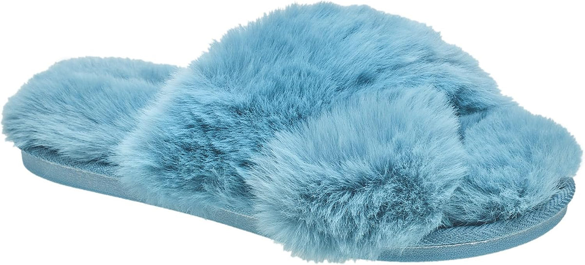 Nine West Women's Fuzzy Crossband Slippers – Soft Plush Open Toe House Slides with Memory Foam Sole