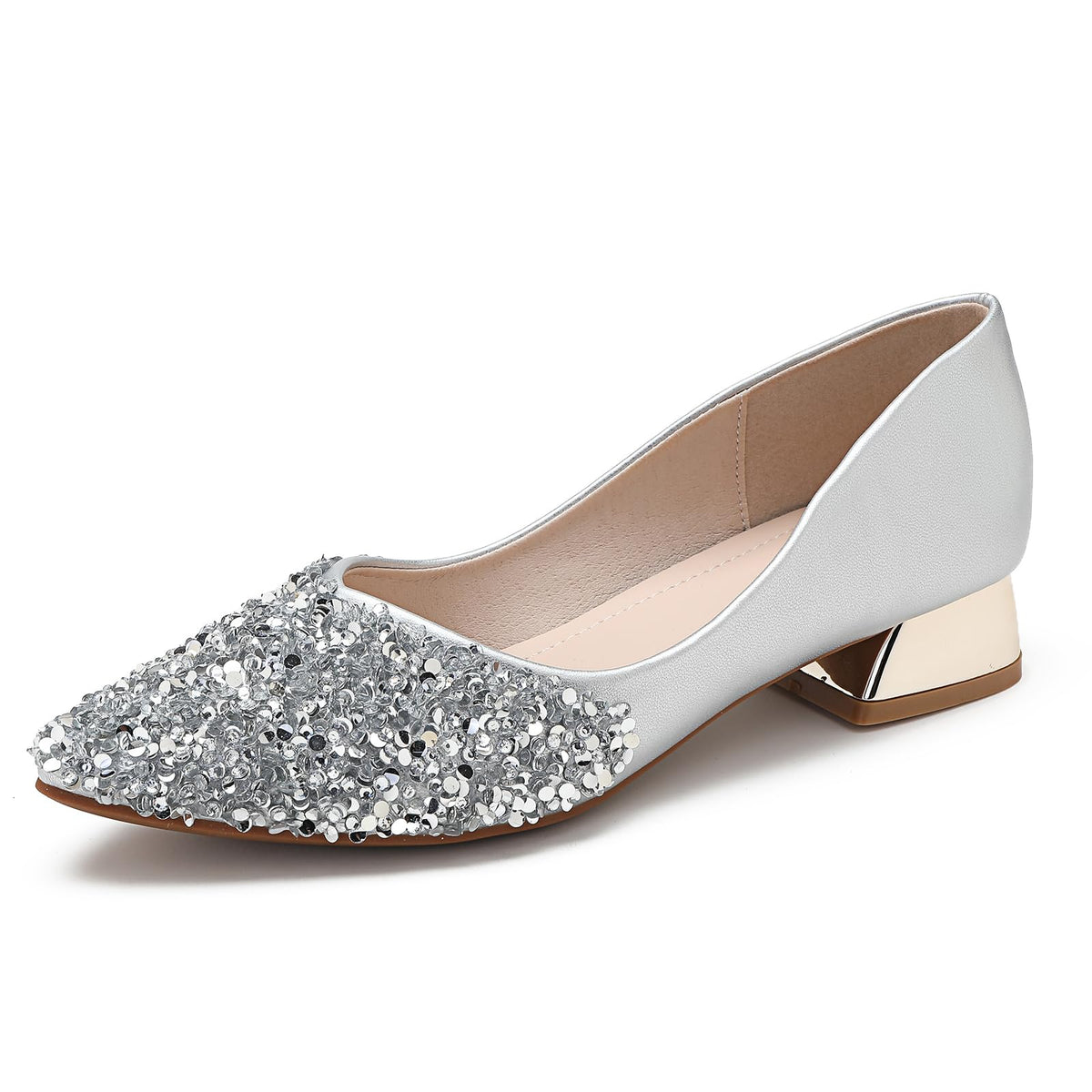 Women's Pumps, Closed Toe Chunky Heels for Women, Comfortable Work Pumps Shoes, Pointed Toe Rhinestones Dress Wedding Pumps for Women