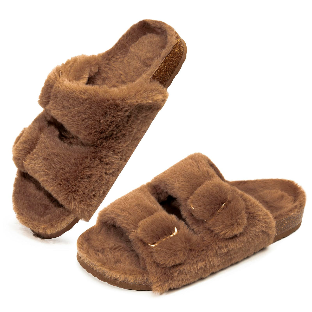 FITORY Womens Open Toe Slippers,Faux Rabbit Fur Cork Slides Sandals