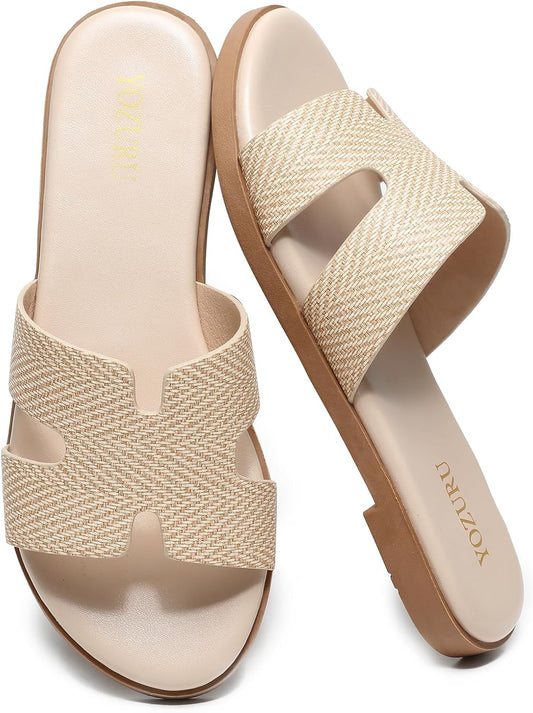 Yozuru Womens Flat Sandals Dressy Summer Slides Comfortable Leather Sandals