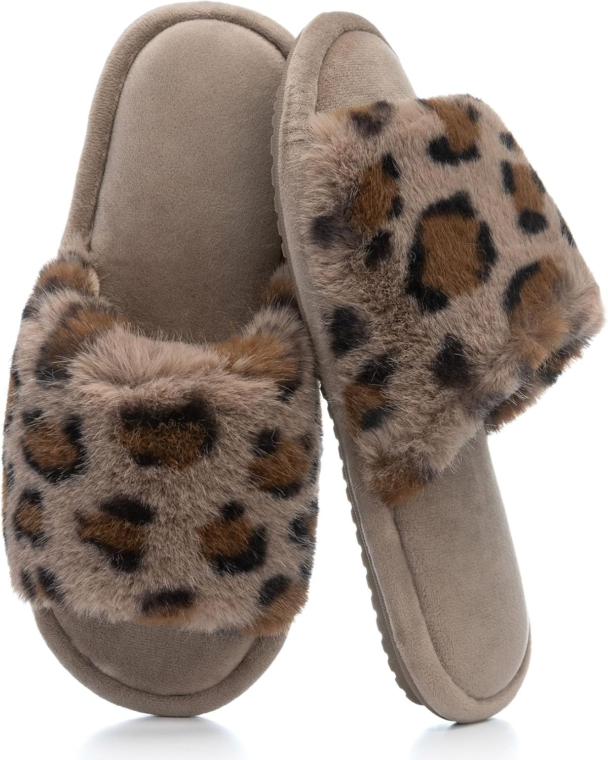 GOEWY Women's Fuzzy Open-Toe House Slippers with Memory Foam -Leopard Print
