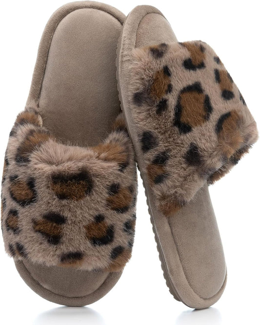 GOEWY Women's Fuzzy Open-Toe House Slippers with Memory Foam -Leopard Print