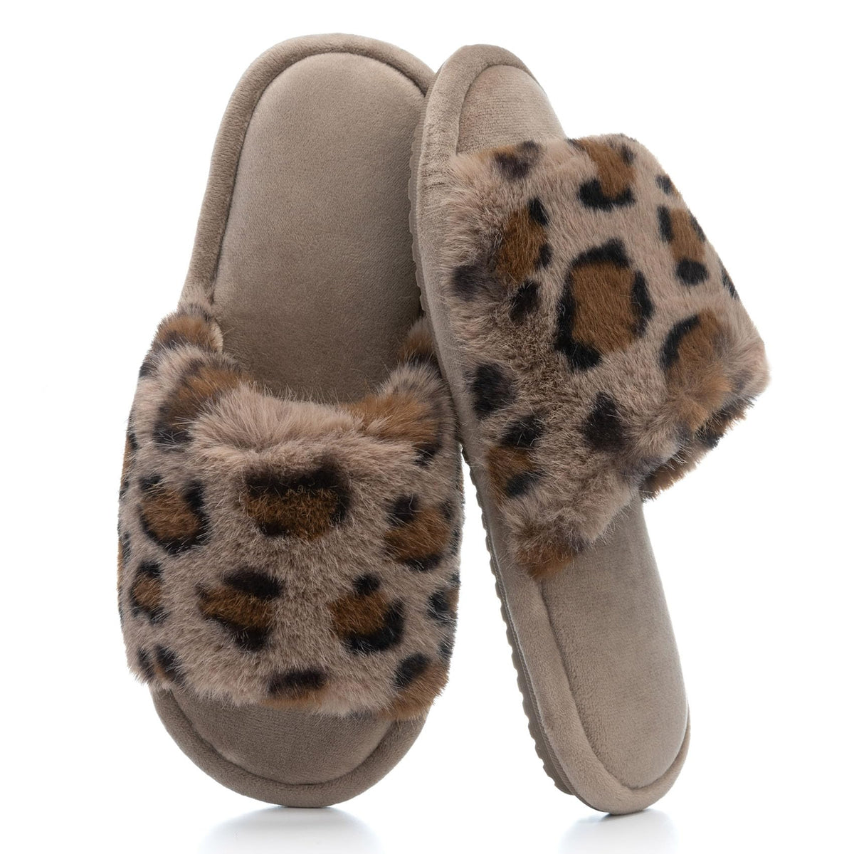 GOEWY Women's Fuzzy Open-Toe House Slippers with Memory Foam -Leopard Print