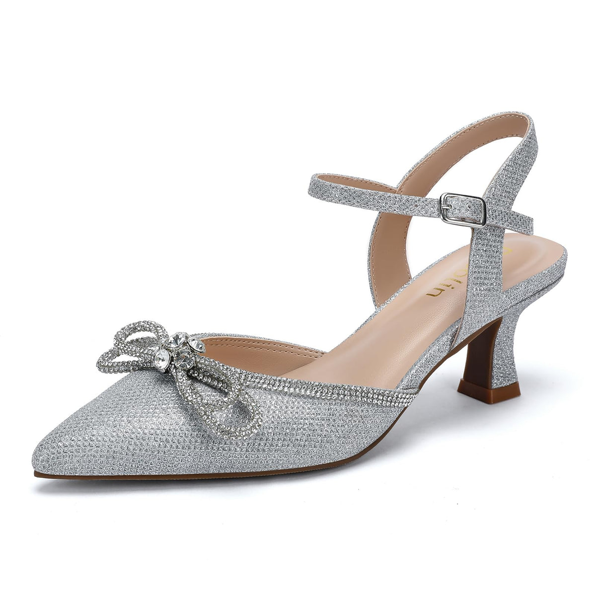 DOBOLIN Wide Width Kitten Heels for Women Rhinestone Bow Pointed Toe Pumps