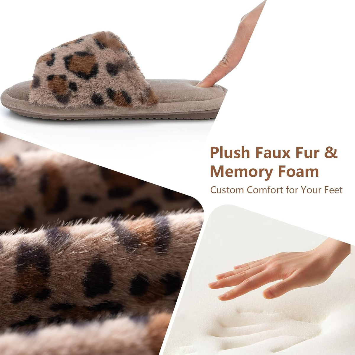 GOEWY Women's Fuzzy Open-Toe House Slippers with Memory Foam -Leopard Print