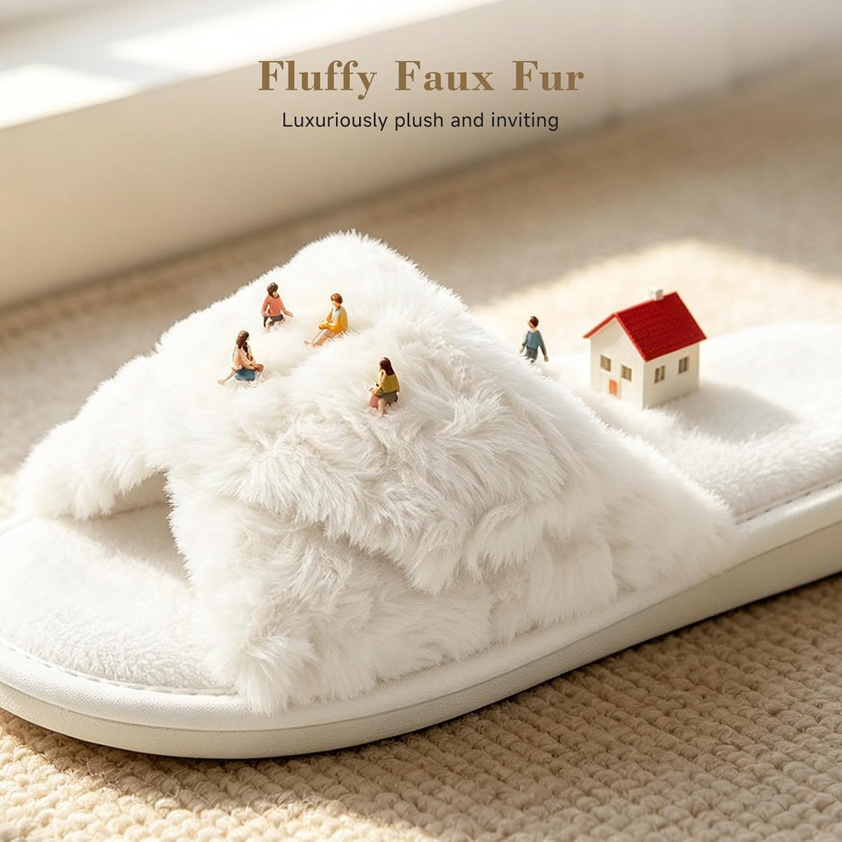 HUXMEYSON Slippers for Women, Open Toe Memory Foam House Shoes with Adjustable Strap, Cozy Faux Fur & Anti-Slip Indoor Outdoor TPR Soles