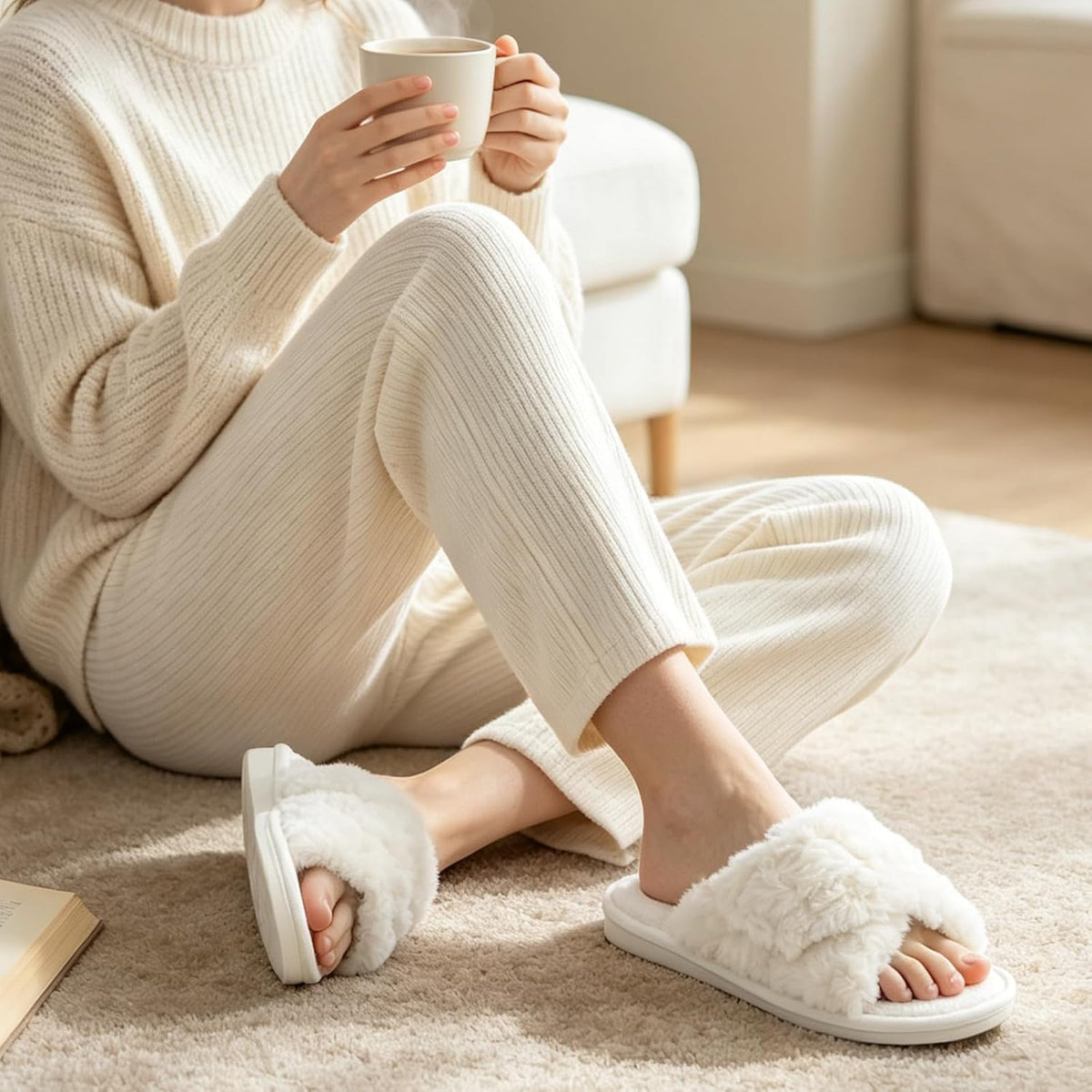 HUXMEYSON Slippers for Women, Open Toe Memory Foam House Shoes with Adjustable Strap, Cozy Faux Fur & Anti-Slip Indoor Outdoor TPR Soles