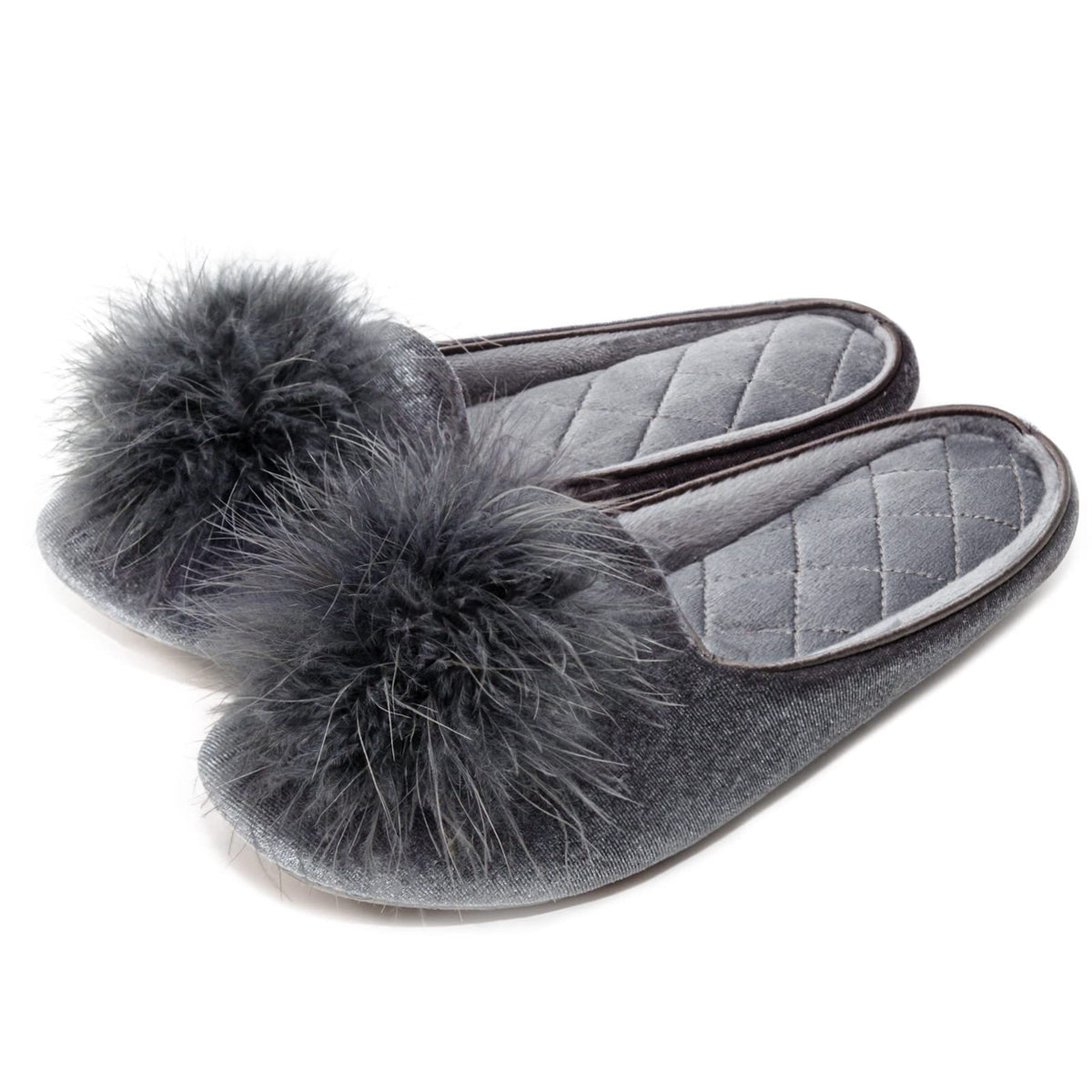 GRITHEIM Women's Fuzzy Pom Pom Velvet Memory Foam House Slippers Ladies Cozy Chenille Knit Bedroom Slippers Non-slip Sole Indoor Outdoor