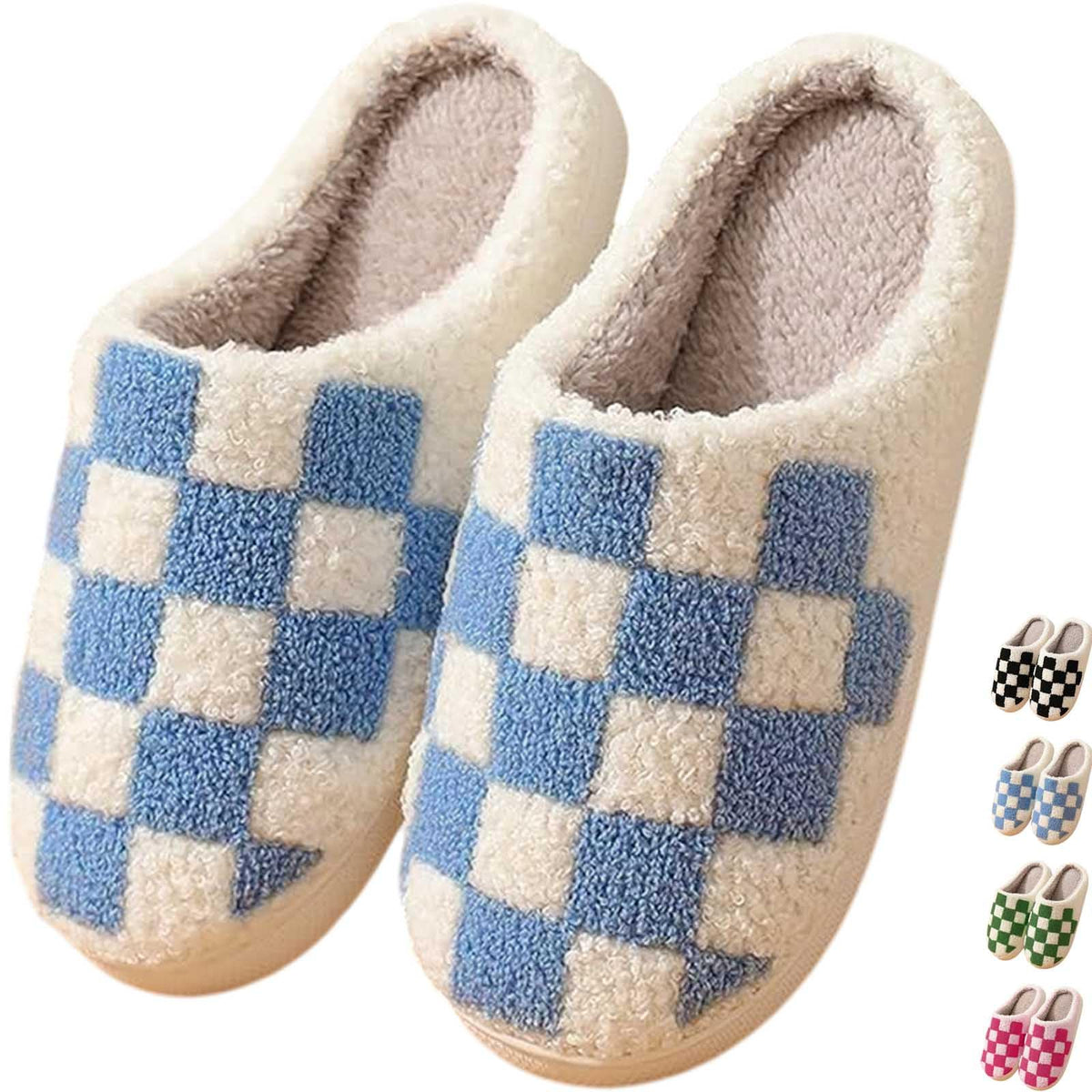 Checkered Slippers for Women and Men - Fuzzy House Slippers with Memory Foam, Comfy Plush Fluffy Indoor House Shoes, Cozy Warm Slip on Bedroom Slippers with Non-Slip Sole